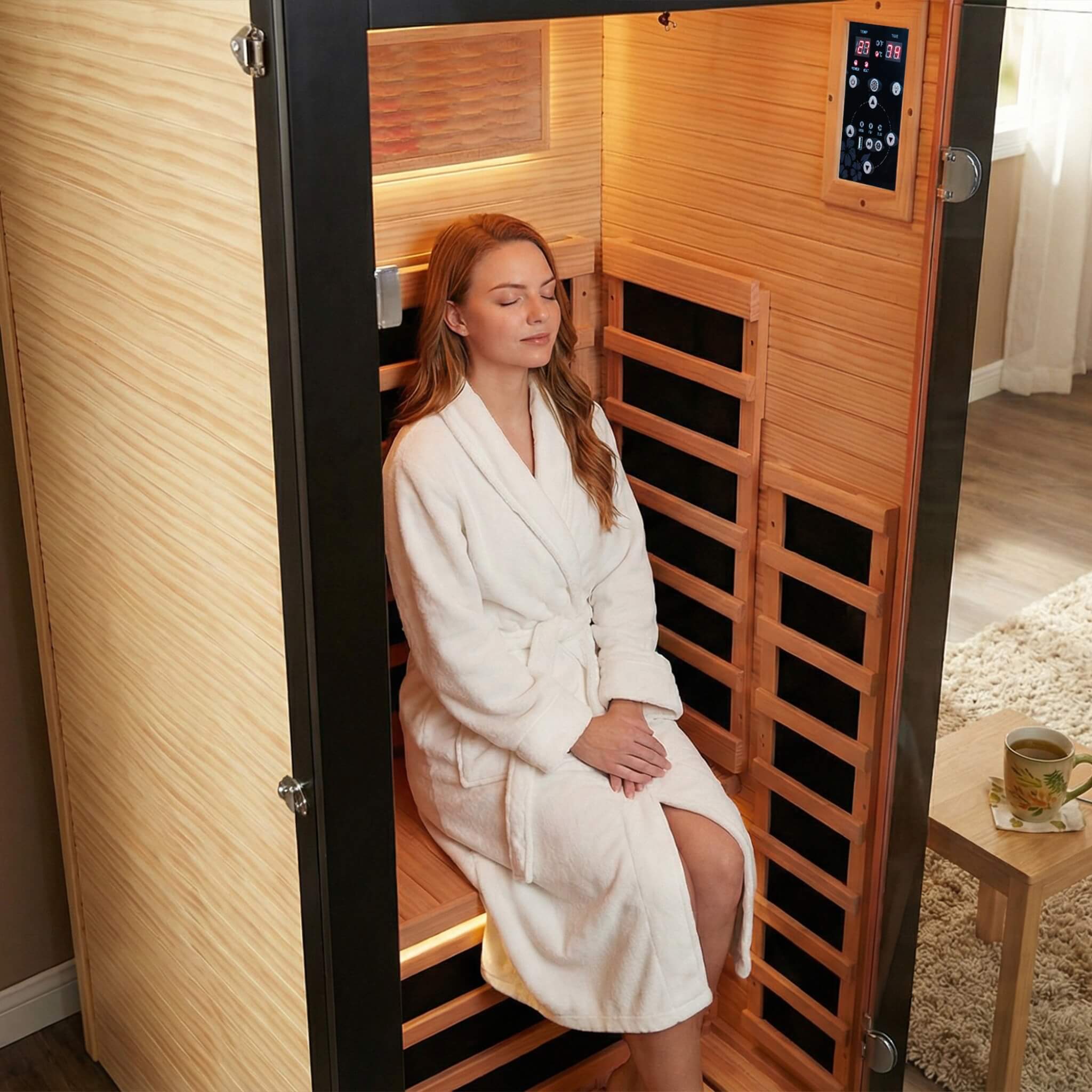 Woman in a white robe sitting inside a wooden infrared sauna.