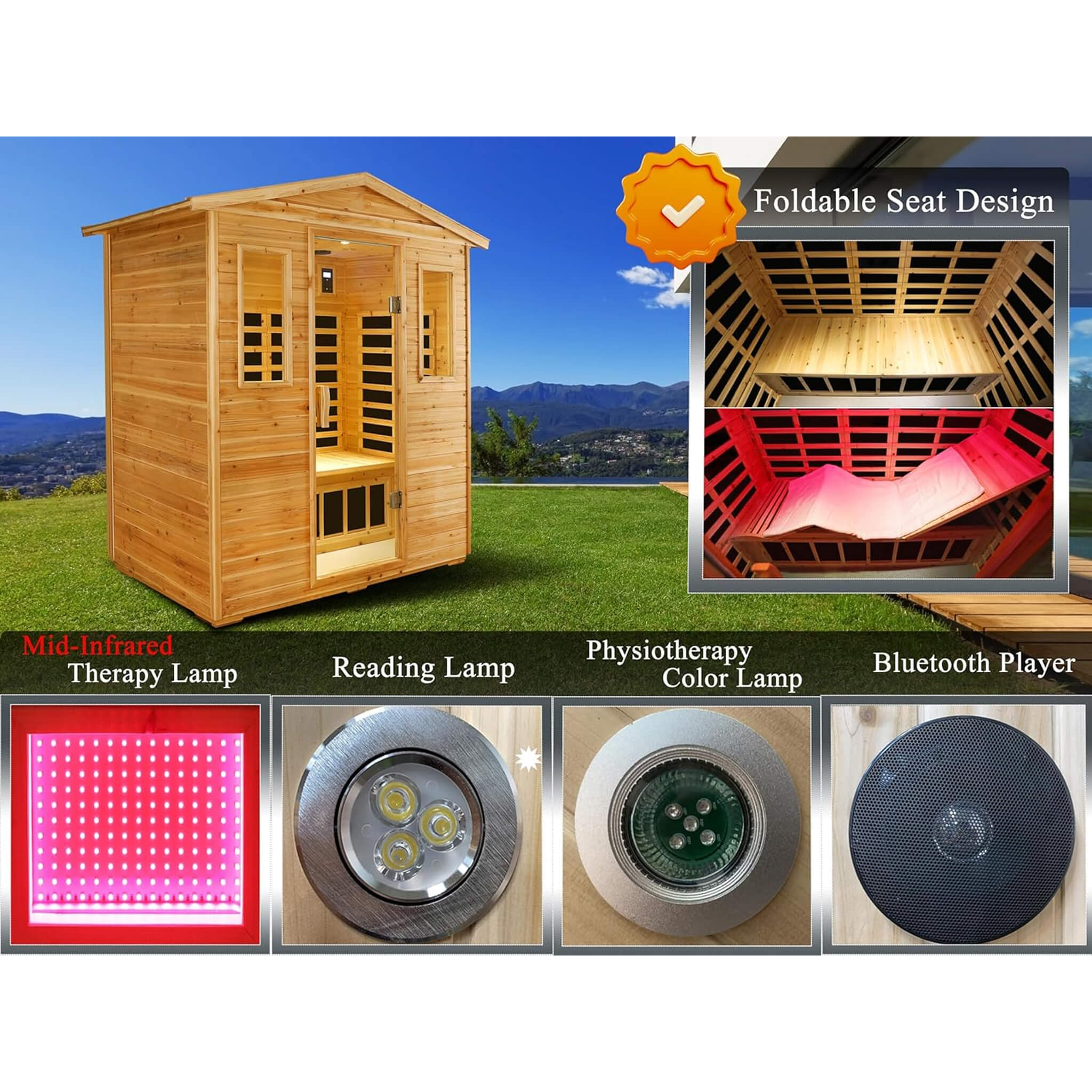Deluxe 3-Person Outdoor Full Spectrum Low EMF Infrared Home Sauna With Bluetooth Speakers And LED Reading Light (SAK14098)
