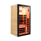 Infrared sauna with wooden interior and black frame on a white background