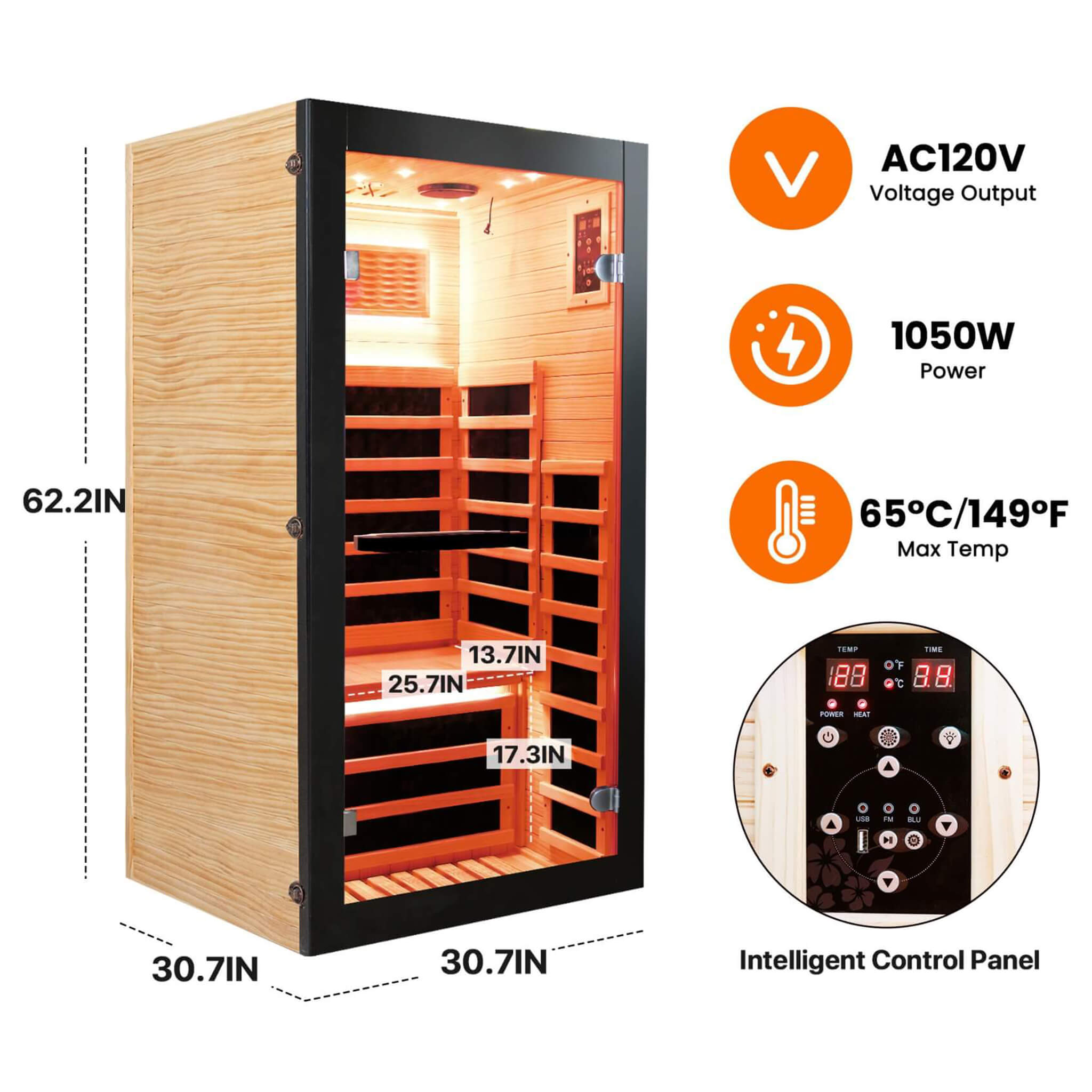 Infrared sauna with dimensions, power rating, and control panel details on a white background