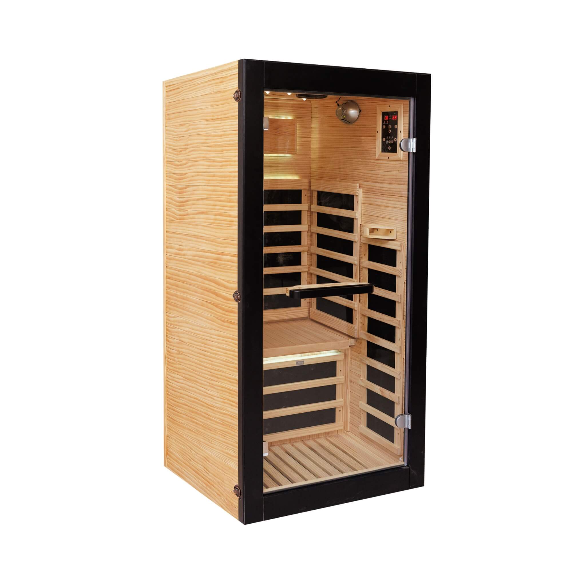 Wooden sauna with glass door on a white background